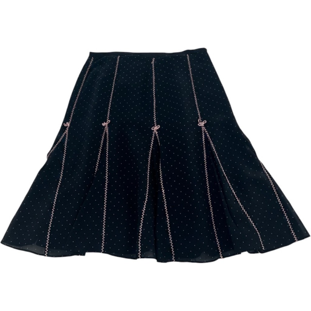 Vintage Black Silk Polka Dot Rickrack Bow Trim Flared Skirt 4P rockabilly preppy